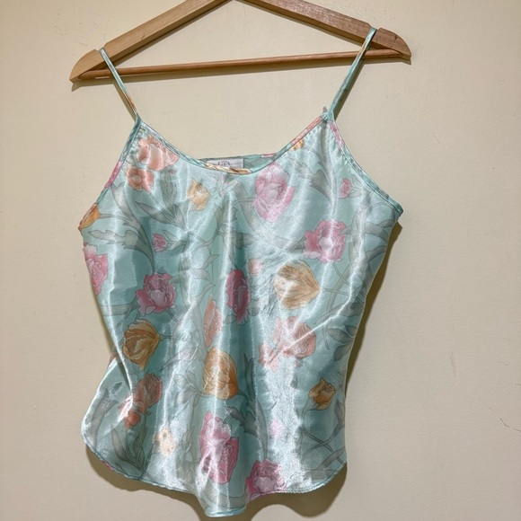 Women’s Vintage Silk Satin Floral Print Tulip Slip Tank Top Pjs Top No Size Tag - Picture 1 of 16